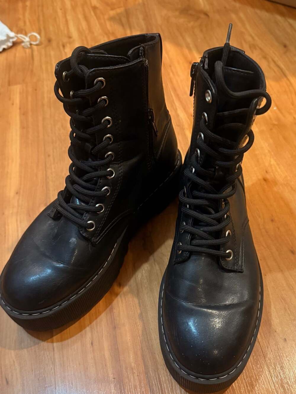 Divided H&M Black Platform Lace-Up Combat Boots with Side Zipper